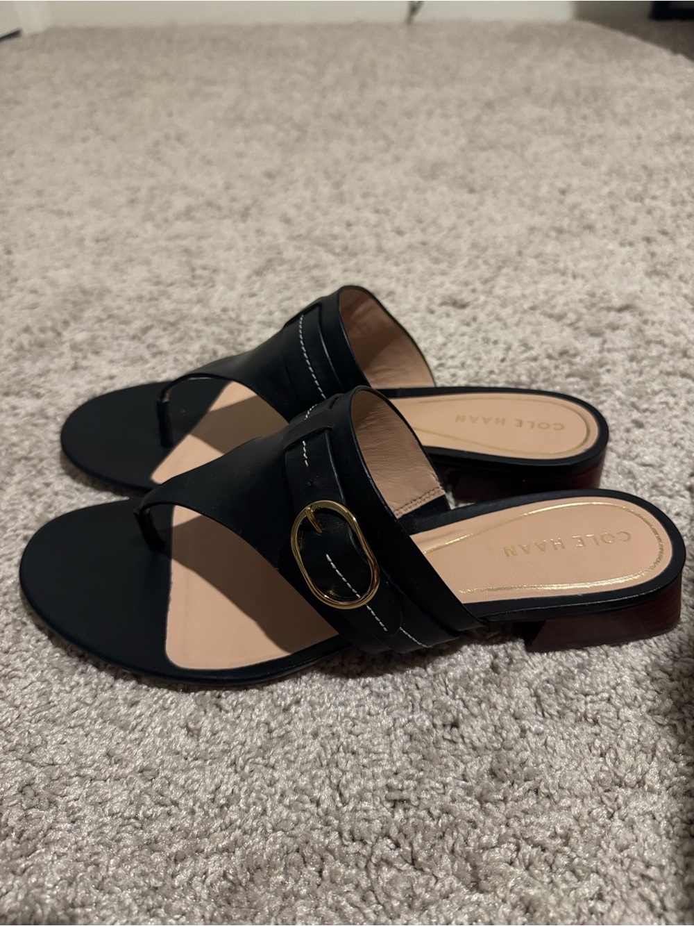 Cole Haan Black Thong Sandals with Gold Buckle - Women
